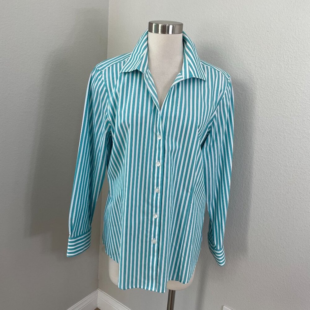 Foxcroft Womens XL Wrinkle‎ Free Turquoise White Striped Button Up Shirt Blouse